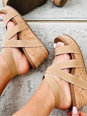 Corkys "Quirky" Wedge Heel Platform Fabric Band Stretch Platform Sandal Camel 6